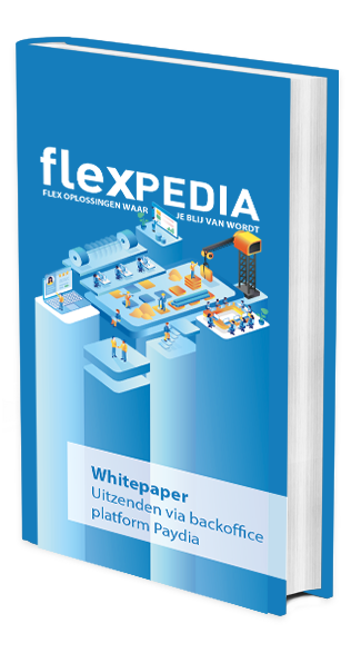 Illustratie van een boek dat gaat over de whitepaper Uitzenden via Backoffice Platform Paydia. Paydia is de eigen uitzendbureau software van Flexpedia